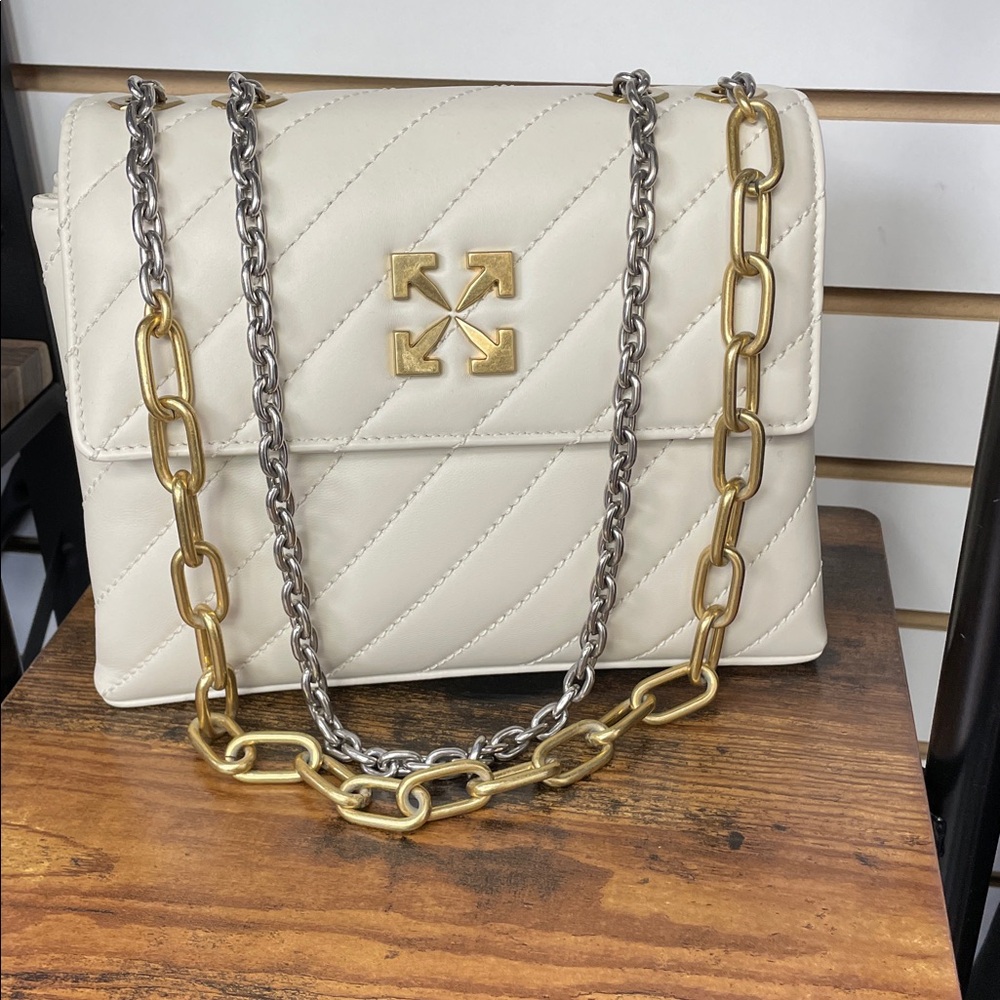 Off-White Cream Crossbody Bag with Gold and Silver Chains